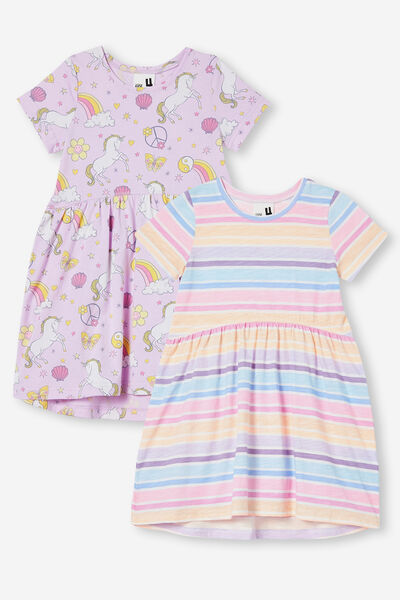 Freya Short Sleeve Dress 2 Pack, Brighton Stripe/Violet Daydream Unicorns